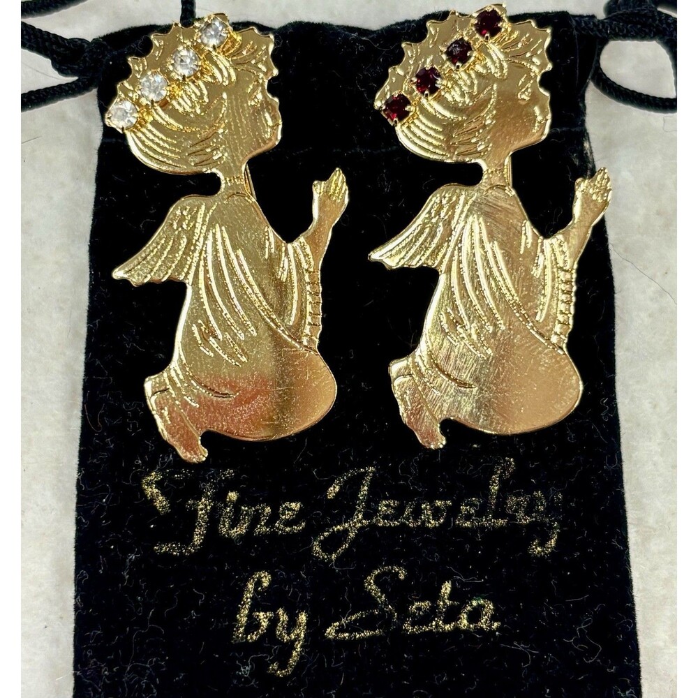 Vintage Seta Birthstone Angel Brooch Pins January Garnet April Rhinestone Pair